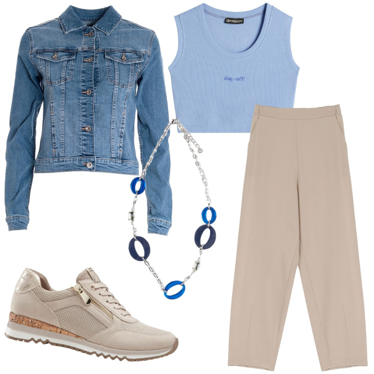 Outfit donna - Il top azzurro preferito. Stile Bon Ton per Tutti i giorni. look ideale per Petite. Abbinamento con sneakers, giacche, pantaloni, top, ciondoli.