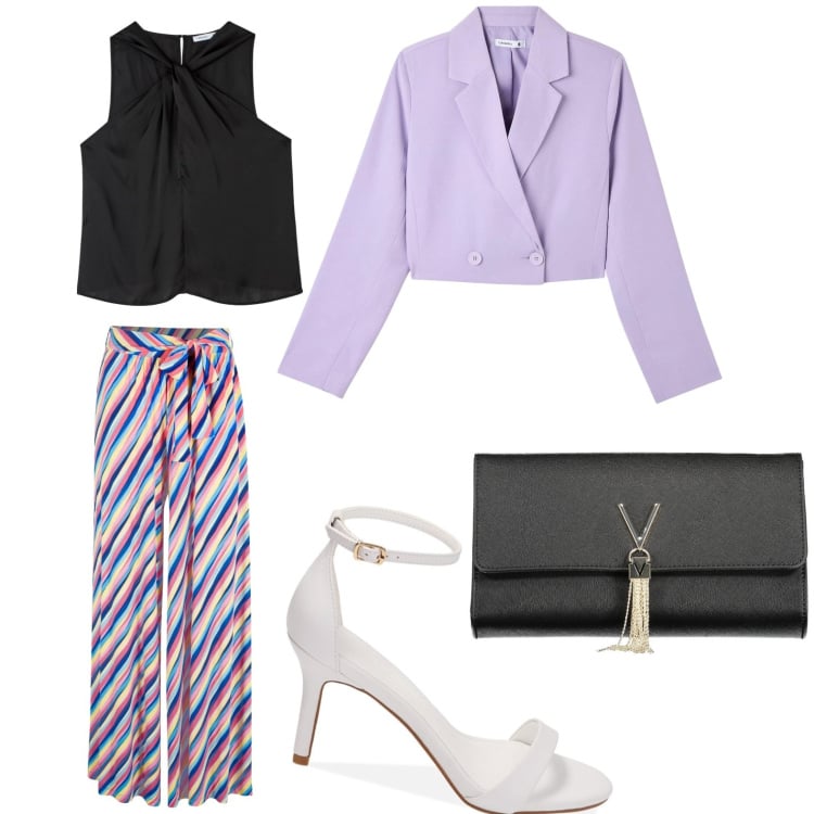 Outfit donna - Una serata fuori. Stile Casual chic per Serata fuori. Abbinamento con pantaloni a palazzo, blazer, top, sandali col tacco, borse a mano.