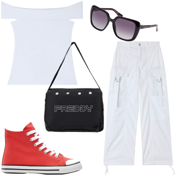 Outfit donna - Il bianco vince sempre. Stile Casual per Ufficio. look ideale per Petite. Abbinamento con sneakers alte, pantaloni cargo, top, borse messenger, occhiali da sole.