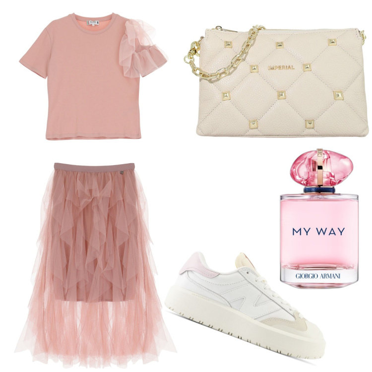 Outfit donna - Total look #1877864. Stile Casual chic per Serata fuori. Abbinamento con profumi, sneakers, t-shirt, pochette, gonne longuette.