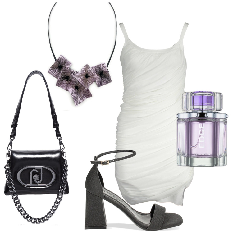 Outfit donna - A volte una collana basta. Stile Sexy per Serata fuori. Abbinamento con ciondoli, profumi, sandali col tacco, vestiti corti, borse a spalla.