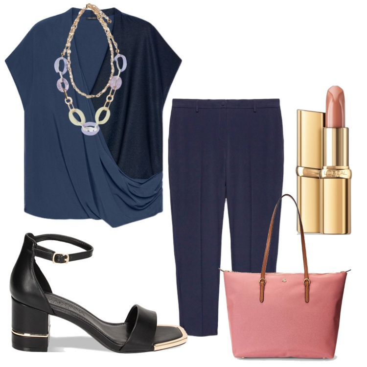 Outfit donna - Casual ma elegante -Curvy. Stile Casual chic per Tutti i giorni. Abbinamento con rossetti, sandali col tacco, borse tote, bluse, pantaloni, ciondoli.