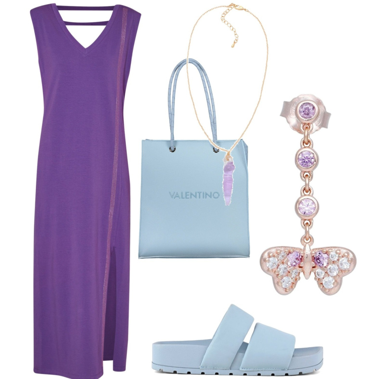 Outfit donna - Viola azzurro insieme. Stile Casual per Serata fuori. look ideale per Petite. Abbinamento con collane, orecchini, ciabatte, vestiti lunghi, borse a spalla.