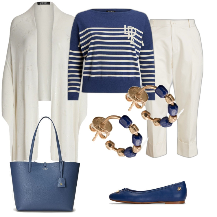Outfit donna - Sul pontile. Abbinamento con ballerine, maglieria, pantaloni, sciarpe, borse tote, orecchini.