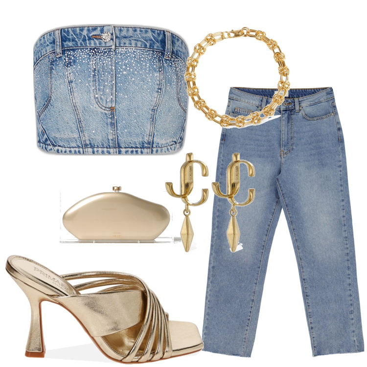 Outfit donna - Oro jeans e vita nueva. Stile Casual per Tutti i giorni. look ideale per Petite. Abbinamento con pantofole, jeans slim fit, orecchini, collane, clutch, top.