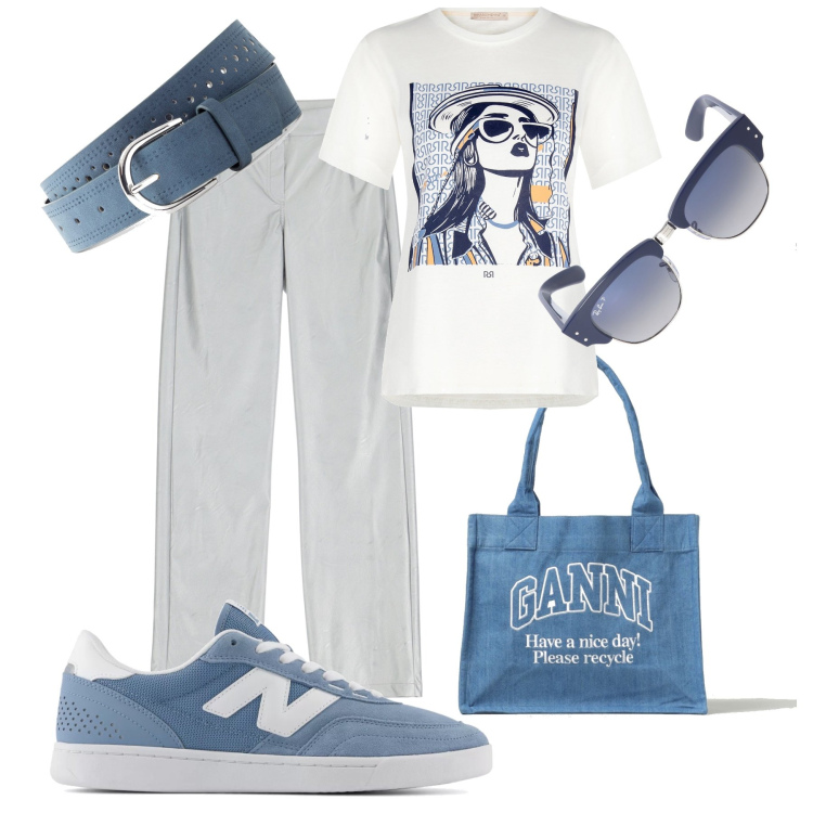 Outfit donna - Leggera easy in città. Stile Trendy per Tutti i giorni. Abbinamento con cinture, sneakers, t-shirt, pantaloni, occhiali da sole, borse tote.