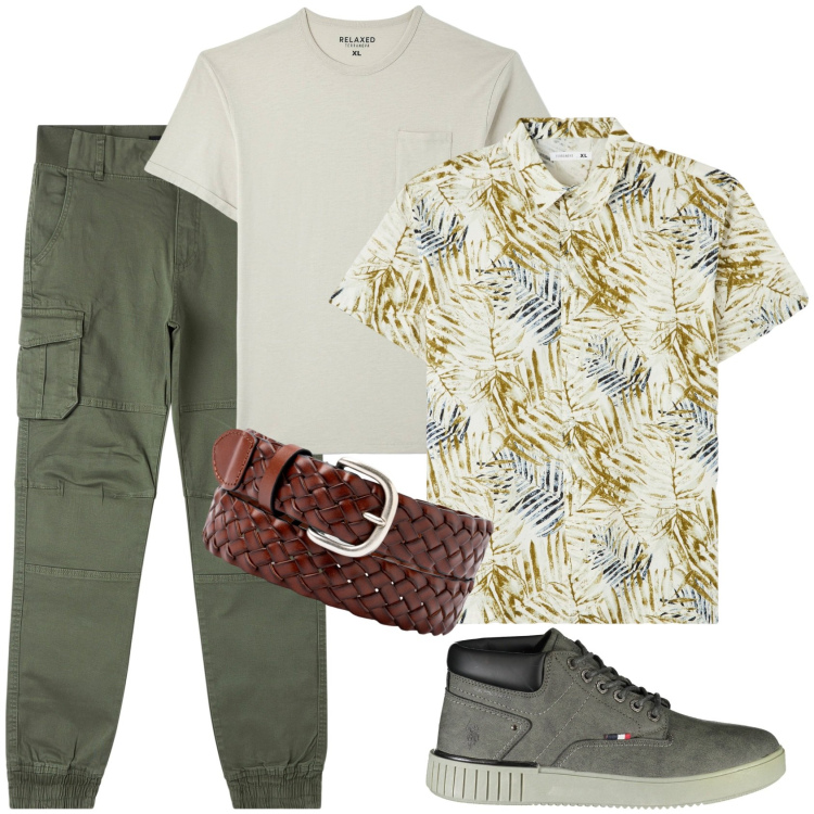 Outfit uomo - Con i colori della campagna. Stile Casual per Tutti i giorni. Abbinamento con camicie a manica corta, t-shirt, pantaloni cargo, stivali, cinture.
