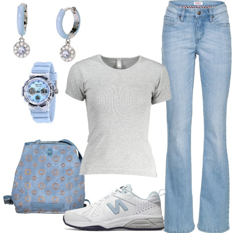 Outfit donna - Jeans elasticizzati comfort bootcut. Stile Basic per Tutti i giorni. Abbinamento con jeans bootcut, orologi, orecchini, sneakers, zaini, t-shirt.