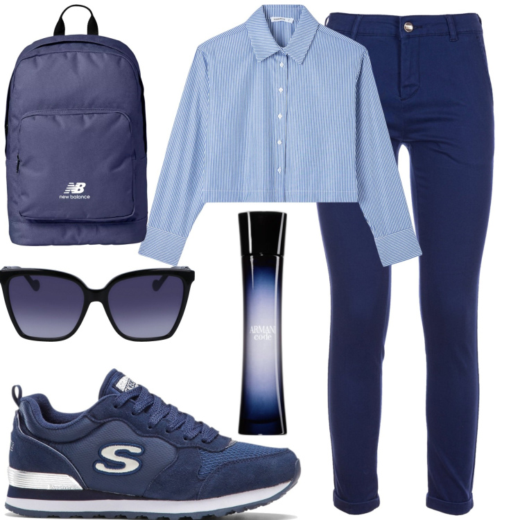 Outfit donna - In biblioteca. Stile Casual per Scuola/Università. Abbinamento con sneakers, profumi, camicie, zaini, pantaloni, occhiali da sole.
