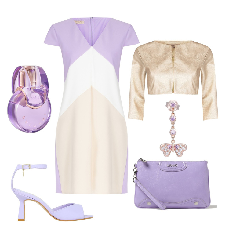 Outfit donna - Cerimonia lilla. Stile Chic per Cerimonia. Abbinamento con orecchini, profumi, bolero, vestiti corti, décolleté, borse a tracolla.