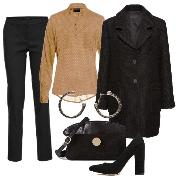 Outfit donna - Tacco largo e cappotto. Stile Trendy per Tutti i giorni. Abbinamento con pantaloni, tunica fantasia marrone, cappotto a quadri in bouclè con bottoni nero, scarpe slip on con tacco largo pianta larga, shopping bag petite taglia unica nero, orecchini in ottone.