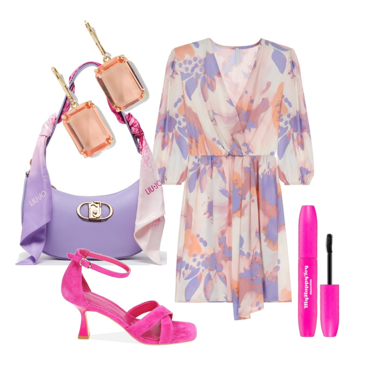 Outfit donna - Ghost outfitter - maggio. Stile Trendy per Cerimonia. Abbinamento con mascara, vestiti corti, sandali col tacco, orecchini, borse a spalla.