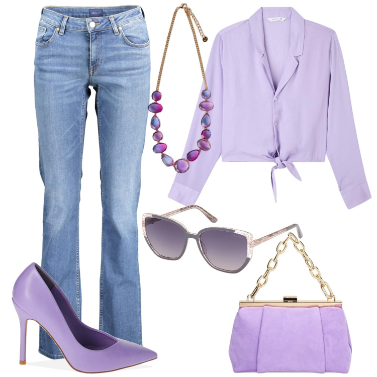 Outfit donna - Speciale lilla. Stile Casual chic per Tutti i giorni. Abbinamento con camicie, décolleté, borse a spalla, jeans, occhiali da sole, collane.