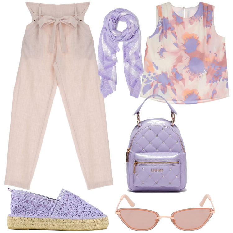 Outfit donna - Lilla mania. Stile Glamour per Tutti i giorni. Abbinamento con pantaloni, top, espadrillas, occhiali da sole, zaini, stole.