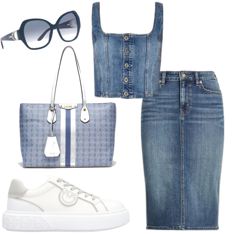 Outfit donna - Longuette in jeans. Stile Casual per Tutti i giorni. Abbinamento con sneakers, gonne, occhiali da sole, top, shopping bag.