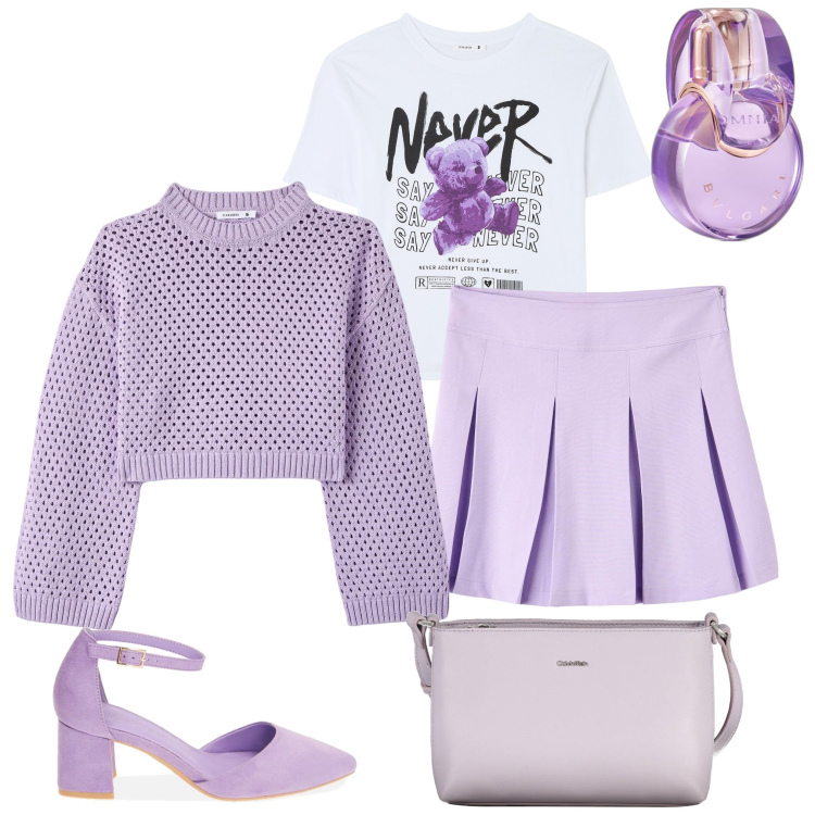 Outfit donna - Speciale lilla. Stile Casual per Serata fuori. Abbinamento con profumi, maglieria, t-shirt, gonne, décolleté, borse a tracolla.
