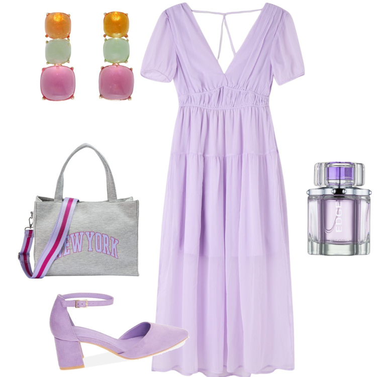 Outfit donna - Sotto i fiori di lilla’. Stile Bon Ton per Serata fuori. Abbinamento con profumi, vestiti, shopping bag, décolleté, orecchini.