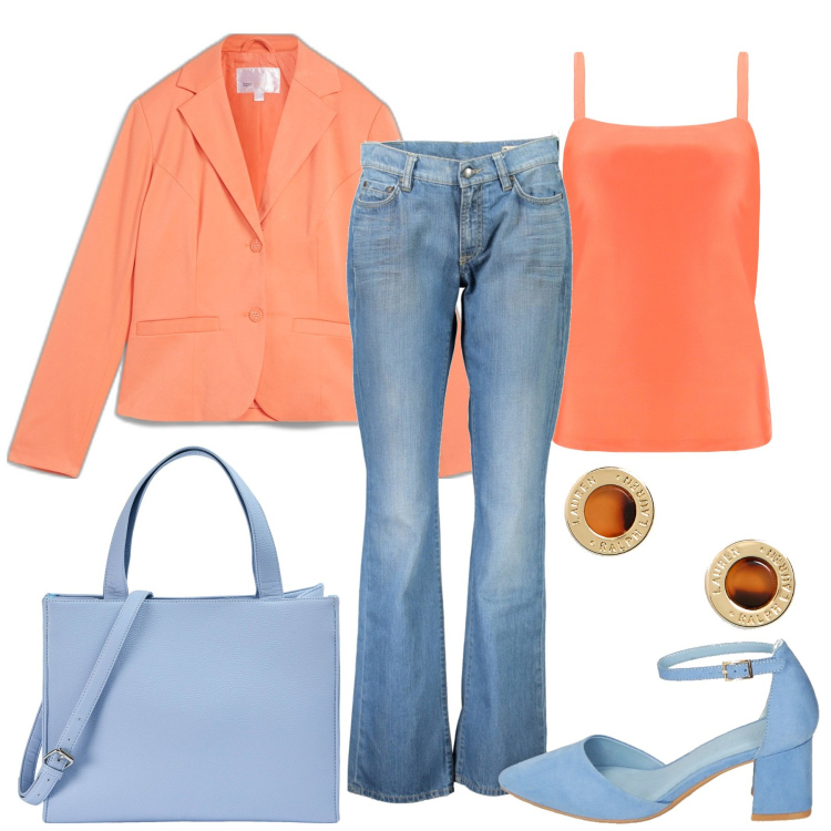 Outfit donna - Blazer vitaminico. Stile Trendy per Tutti i giorni. Abbinamento con blazer, shopping bag, canottiere, décolleté, orecchini, jeans dritti.