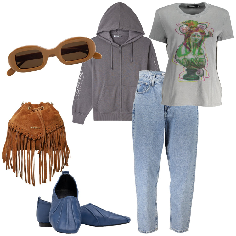 Outfit donna - Mattina freschina. Stile Basic per Tutti i giorni. Abbinamento con felpe con cappuccio, borse a secchiello, ballerine, occhiali da sole, t-shirt, jeans mom.