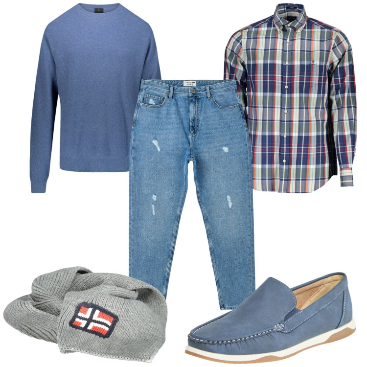 Outfit uomo - Total look #1878041. Stile Trendy per Tutti i giorni. Abbinamento con jeans strappati, scarpe stringate, maglieria, sciarpe, camicie.