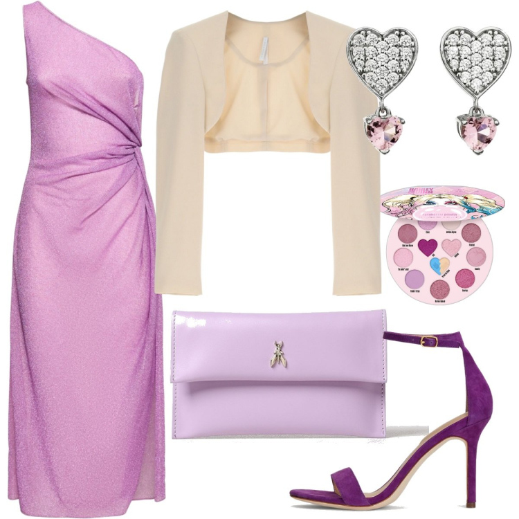 Outfit donna - Cerimonia in lilla. Stile Bon Ton per Cerimonia. Abbinamento con orecchini, ombretti, blazer, sandali col tacco, vestiti midi/longuette, borse a tracolla.