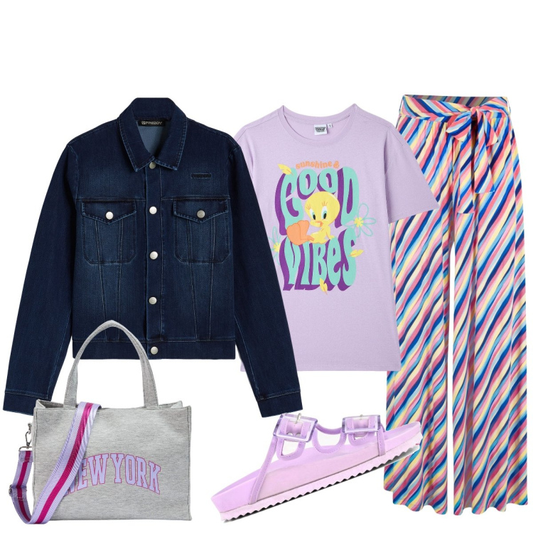 Outfit donna - Lilla, viola delicato. Stile Casual chic per Ufficio. Abbinamento con pantaloni a palazzo, t-shirt, shopping bag, blazer, sandali.