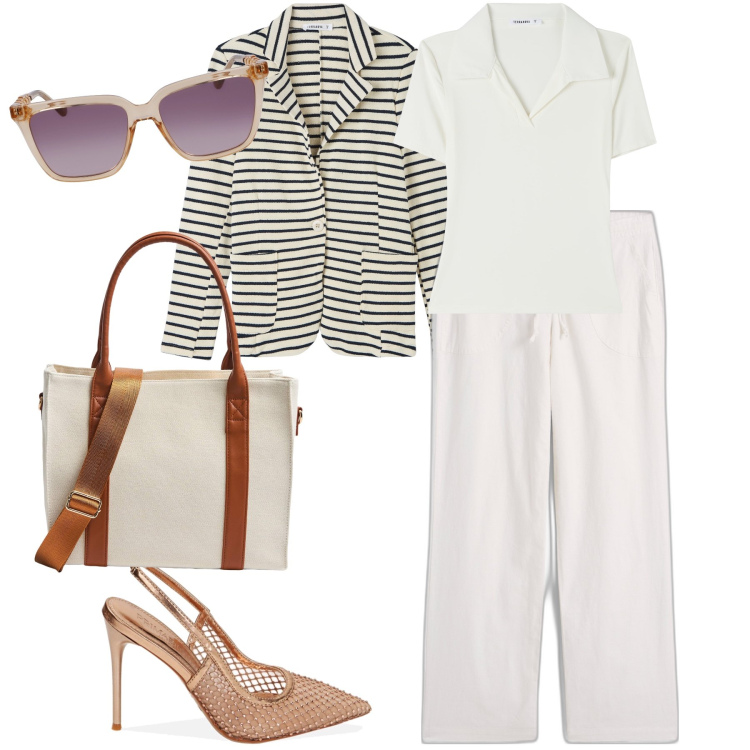 Outfit donna - Low cost sur La Croisette. Stile Chic per Tutti i giorni. Abbinamento con pantaloni a palazzo, polo, shopping bag, blazer, décolleté, occhiali da sole.