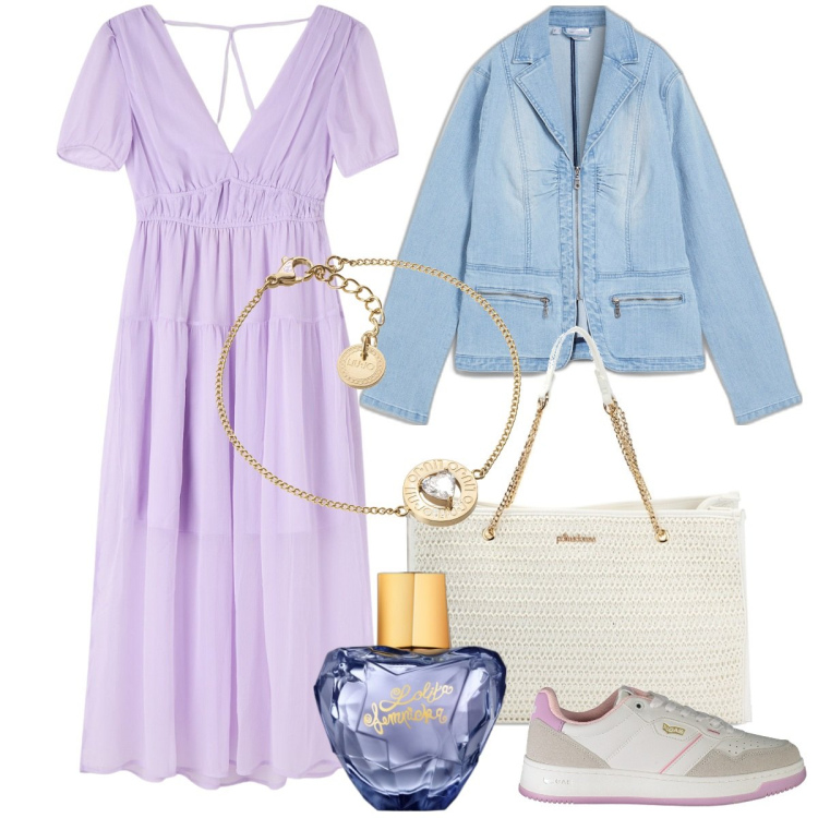 Outfit donna - Speciale lilla. Stile Romantica per Tutti i giorni. Abbinamento con blazer, profumi, vestiti, borse a spalla, sneakers, braccialetti.