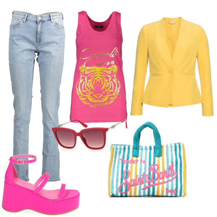 Outfit donna - Blazer giallo. Stile Bon Ton per Tutti i giorni. Abbinamento con blazer, sandali col tacco, borse a mano, canottiere, jeans, occhiali da sole.
