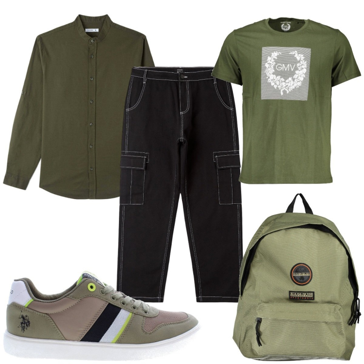 Outfit uomo - Total look #1878093. Stile Trendy per Tutti i giorni. Abbinamento con camicie, pantaloni cargo, borse sportive, t-shirt, scarpe sportive.