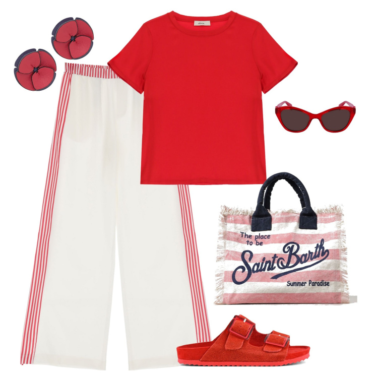 Outfit donna - Estiva. Stile Casual per Mare. Abbinamento con orecchini, pantaloni, t-shirt, sandali, borse tote, occhiali da sole.