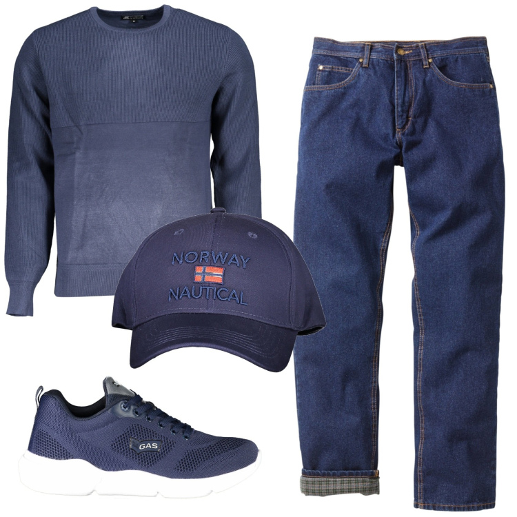 Outfit uomo - Total look #1878122. Stile Casual per Ufficio. Abbinamento con jeans dritti, maglieria, sneakers, cappelli con visiera.