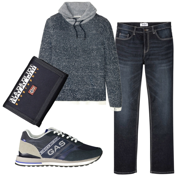 Outfit uomo - Total look #1878123. Stile Casual per Ufficio. Abbinamento con maglieria, jeans bootcut, portafogli, sneakers.