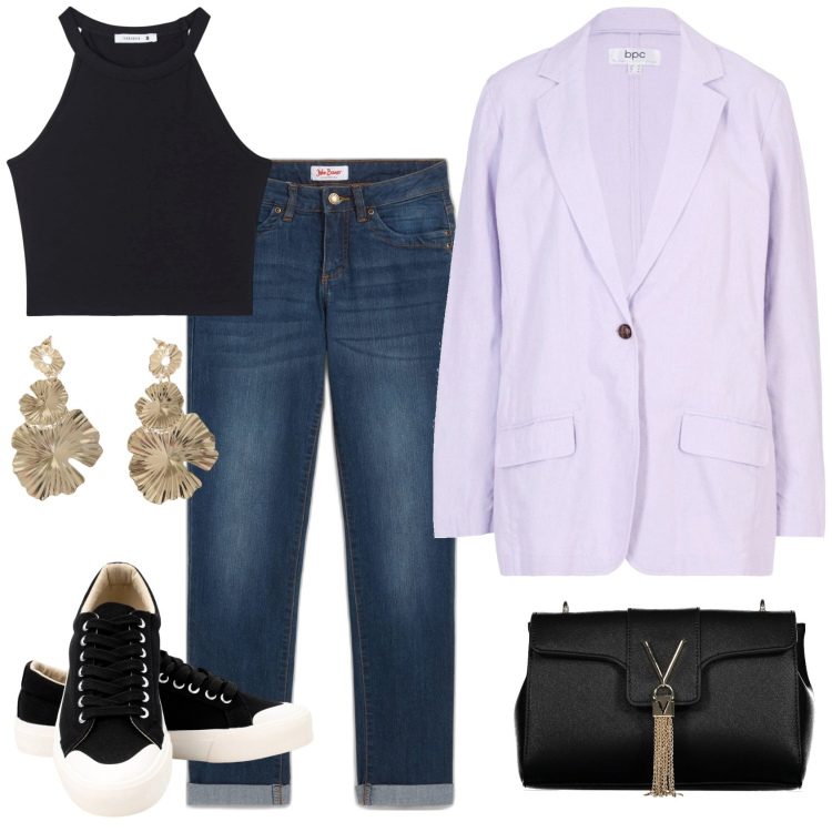 Outfit donna - Blazer loose fit lilla. Stile Casual chic per Scuola/Università. Abbinamento con jeans dritti, blazer, canottiere, orecchini, sneakers, borse a tracolla.