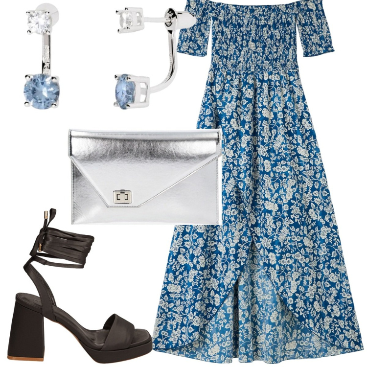 Outfit donna - Total look #1878149. Stile Trendy per Cerimonia. Abbinamento con vestiti lunghi, orecchini, sandali col tacco, pochette.