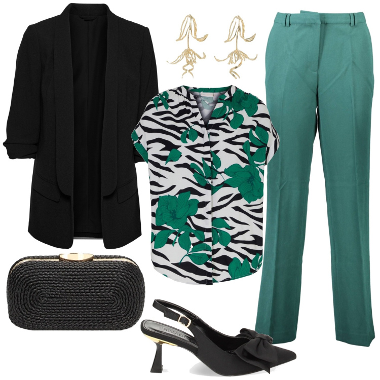 Outfit donna - Primavera Trendy Curvy. Stile Trendy per Tutti i giorni. Abbinamento con blazer, camicie, décolleté, clutch, orecchini, pantaloni.