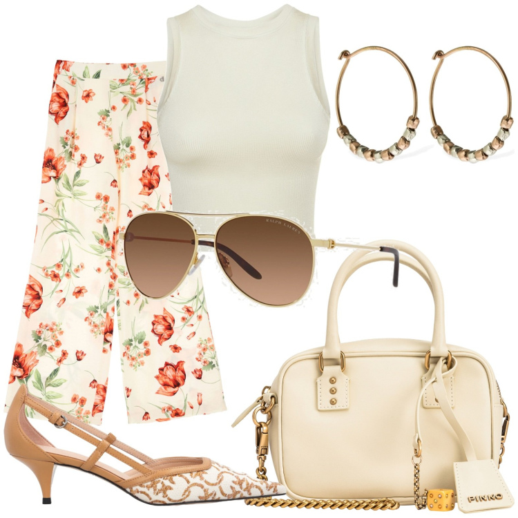 Outfit donna - Elegante in ogni occasione. Stile Casual chic per Tutti i giorni. Abbinamento con décolleté, borse a spalla, pantaloni, occhiali da sole, orecchini, canottiere.
