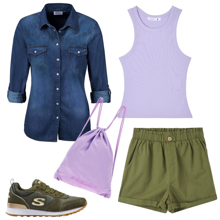 Outfit donna - Sportiva in lilla e verde. Stile Urban per Tutti i giorni. Abbinamento con camicie, sneakers, pantaloni corti, canottiere, zaini.