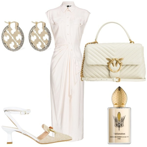 Outfit donna - Elengante. Stile Chic per Cerimonia. Abbinamento con profumi, vestiti chemisier, borse a spalla, sandali col tacco, orecchini.