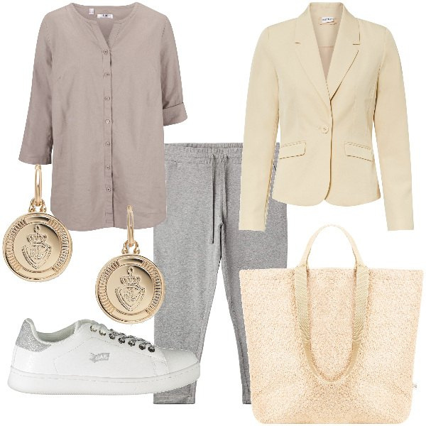 Outfit donna - Total look #1878193. Stile Sporty chic per Tutti i giorni. Abbinamento con blazer, camicie, pantaloni, borse tote, orecchini, sneakers.