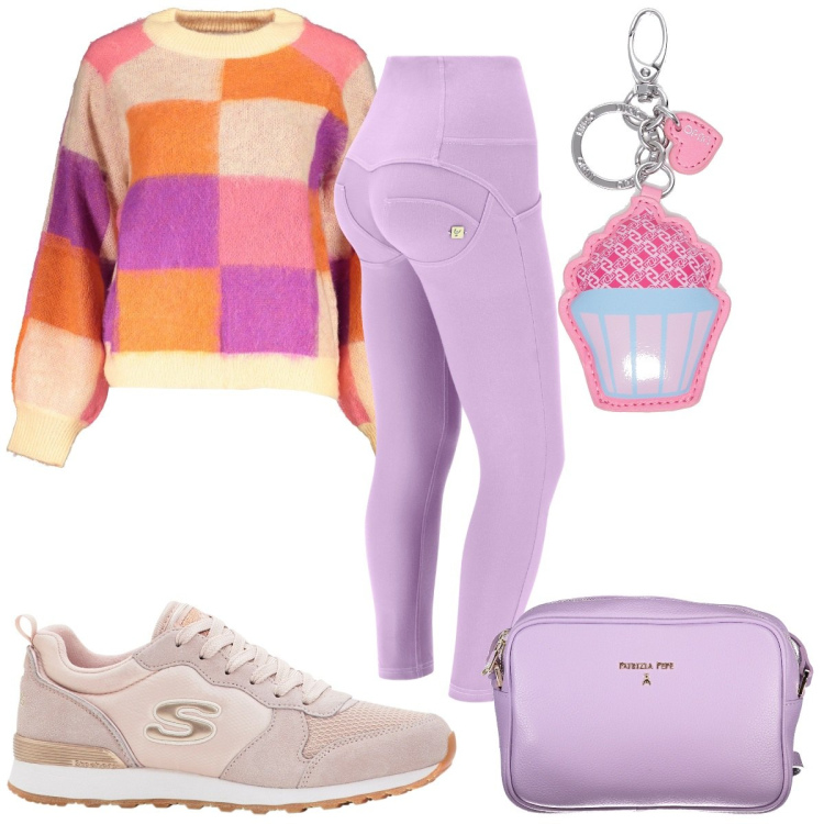 Outfit donna - Total look #1878216. Stile Trendy per Tutti i giorni. Abbinamento con sneakers, pantaloni skinny, borse a tracolla, maglieria, portachiavi.