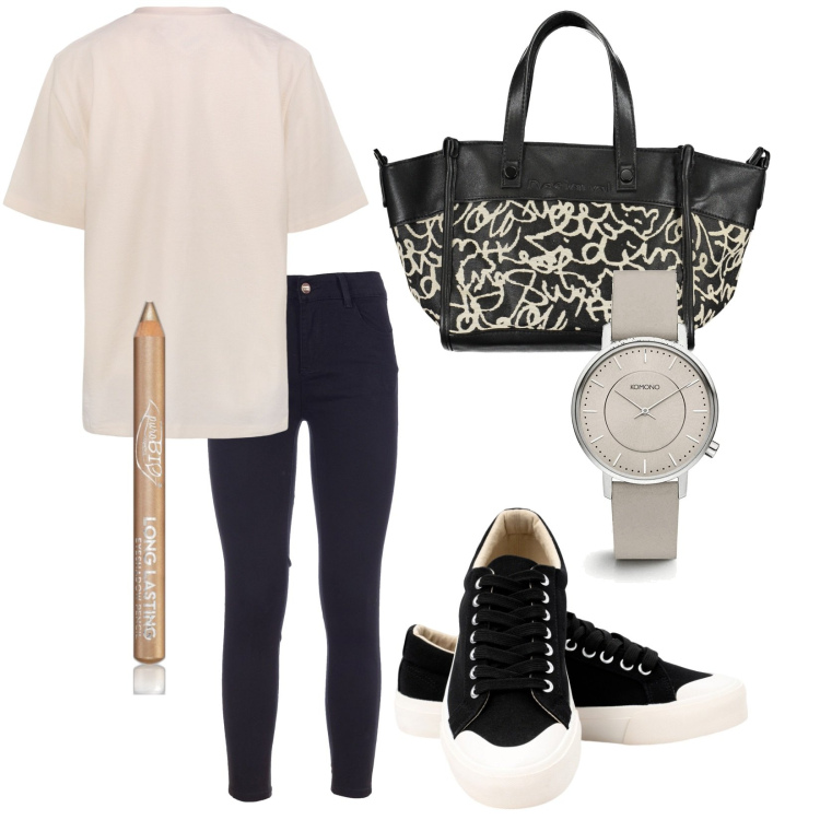 Outfit donna - Total look #1878217. Stile Casual per Tutti i giorni. Abbinamento con orologi, ombretti, jeans skinny, sneakers, collane, t-shirt.