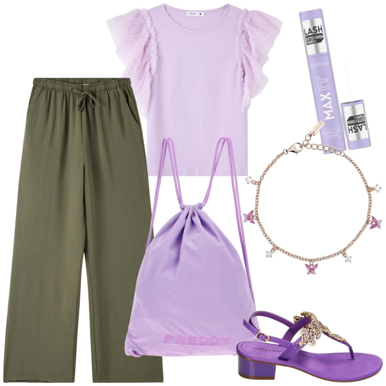 Outfit donna - Speciale lilla. Stile Casual chic per Tutti i giorni. Abbinamento con mascara, t-shirt, pantaloni, braccialetti, zaini, ciabatte.