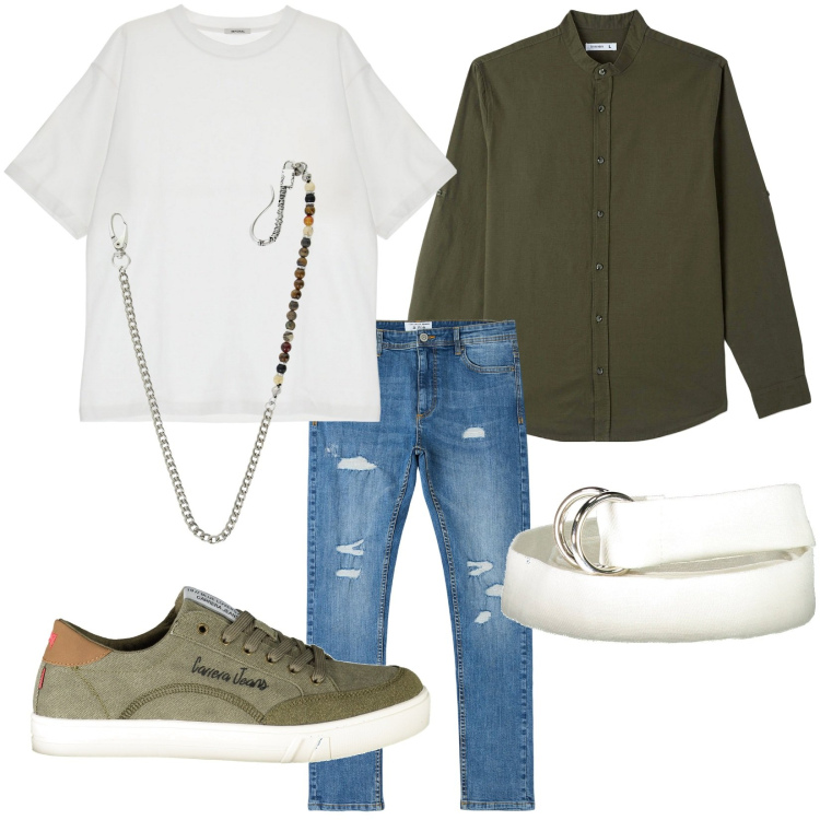 Outfit uomo - Total look #1878237. Stile Urban per Tutti i giorni. Abbinamento con camicie, jeans strappati, t-shirt, collane, sneakers, cinture.
