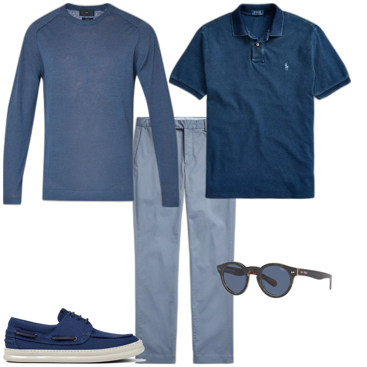 Outfit uomo - Trendy ufficio week end serata. Stile Trendy per Ufficio. Abbinamento con polo, occhiali da sole, pantaloni chino, scarpe stringate, t-shirt.