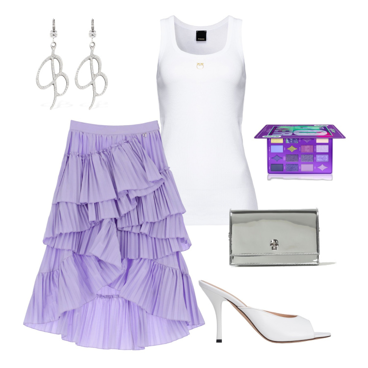 Outfit donna - Una gonna sbarazzina. Stile Glamour per Serata fuori. Abbinamento con ombretti, canottiere, sandali in pelle, gonne longuette, orecchini, borse a spalla.