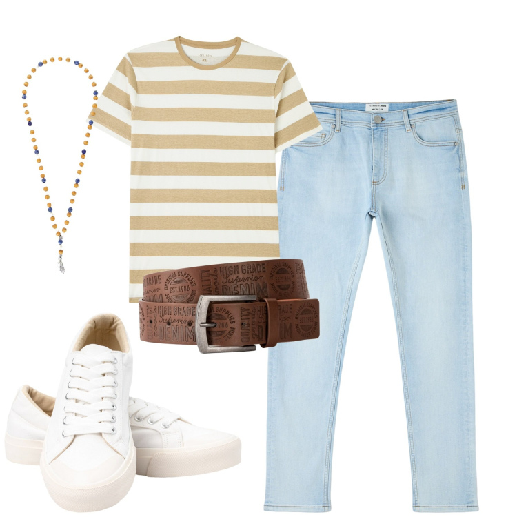 Outfit uomo - Total look #1878259. Stile Casual per Tutti i giorni. Abbinamento con cinture, jeans skinny, t-shirt, collane, sneakers.