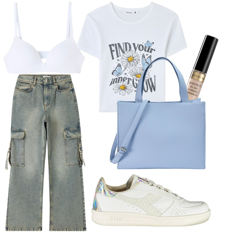 Outfit donna - Total look #1878261. Stile Casual per Tutti i giorni. Abbinamento con correttori, jeans, t-shirt, shopping bag, reggiseni, sneakers.