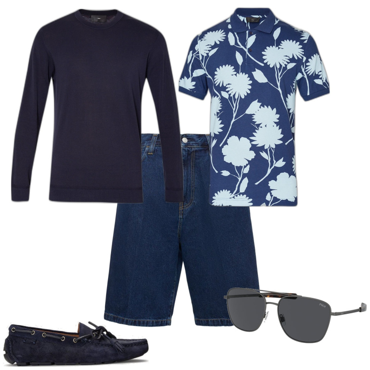 Outfit uomo - Trendy week end serata. Stile Trendy per Tutti i giorni. Abbinamento con scarpe stringate, occhiali da sole, shorts, polo, pullovers.