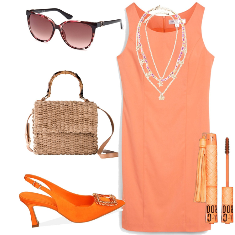 Outfit donna - Sunset lover aperitivo in spiaggia. Stile Bon Ton per Mare. Abbinamento con vestiti a tubino, ciondoli, borse a mano, mascara, décolleté, occhiali da sole.